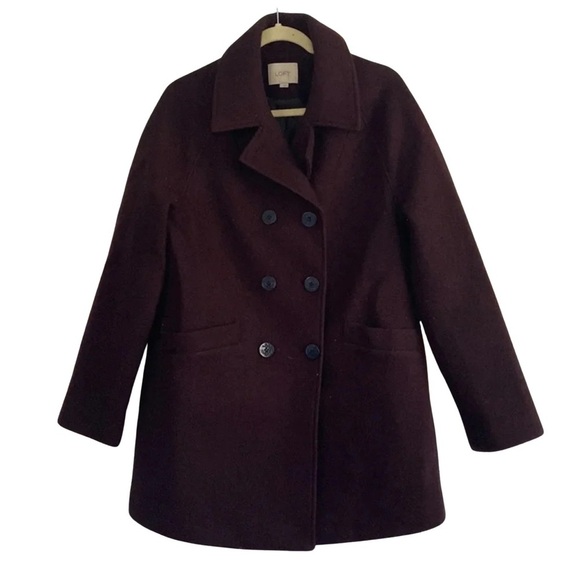 Loft Maroon Double Breasted Wool Coat Long Sleeve Black Lined Womens Size Large